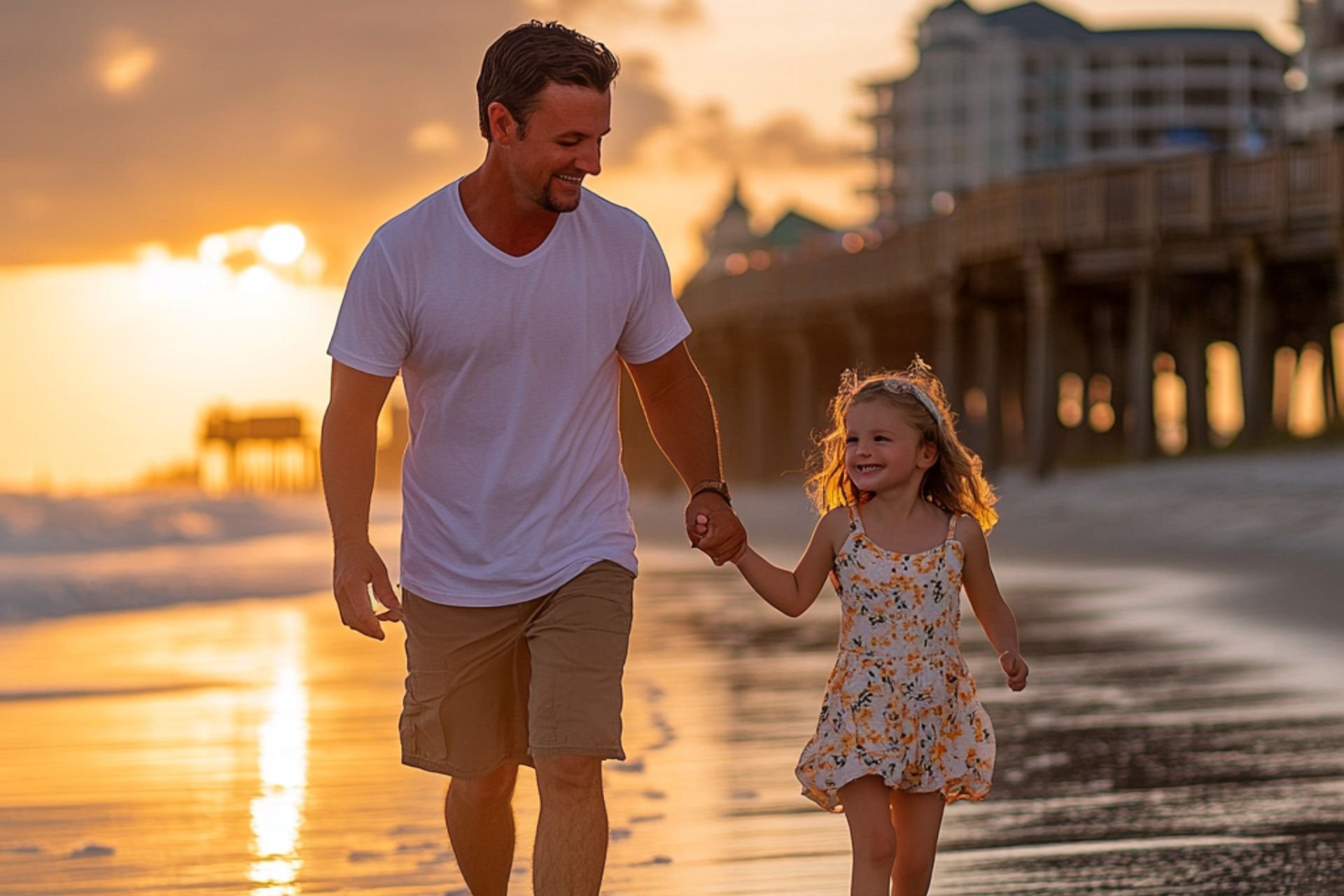 Father and daughter on the beach at sunset near the pier