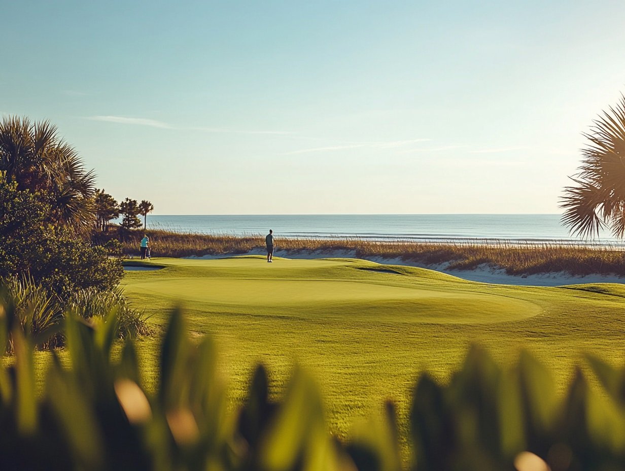 Two golfers on a green beside the ocean