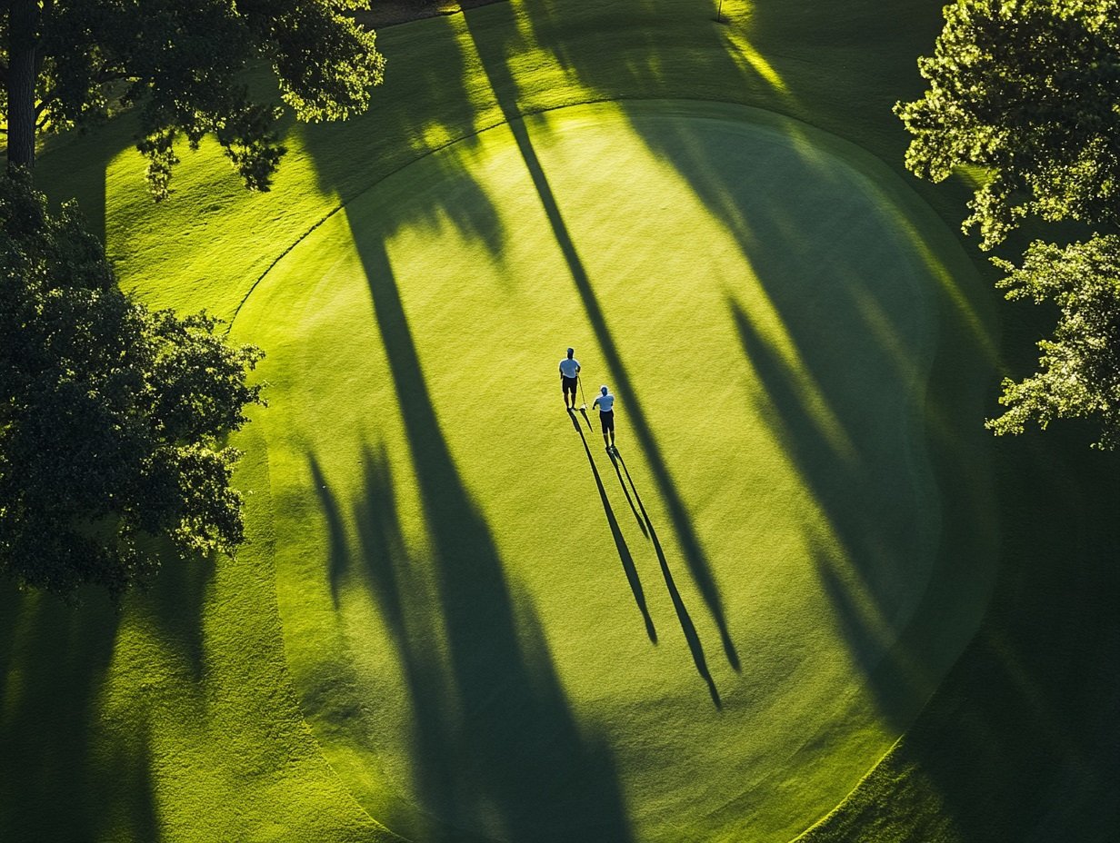 Aerial view of two golfers casting long shadows across a green