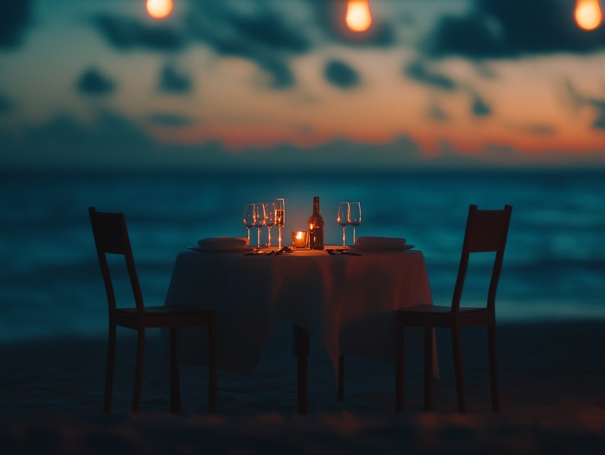 Candlelit table for two set on the beach at twilight