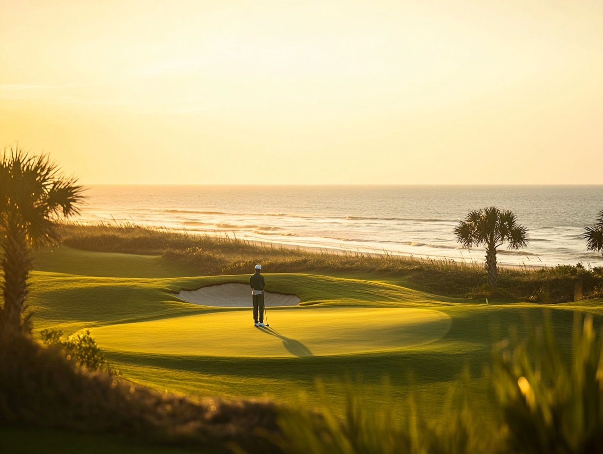 Golfer on a coastal green at sunset