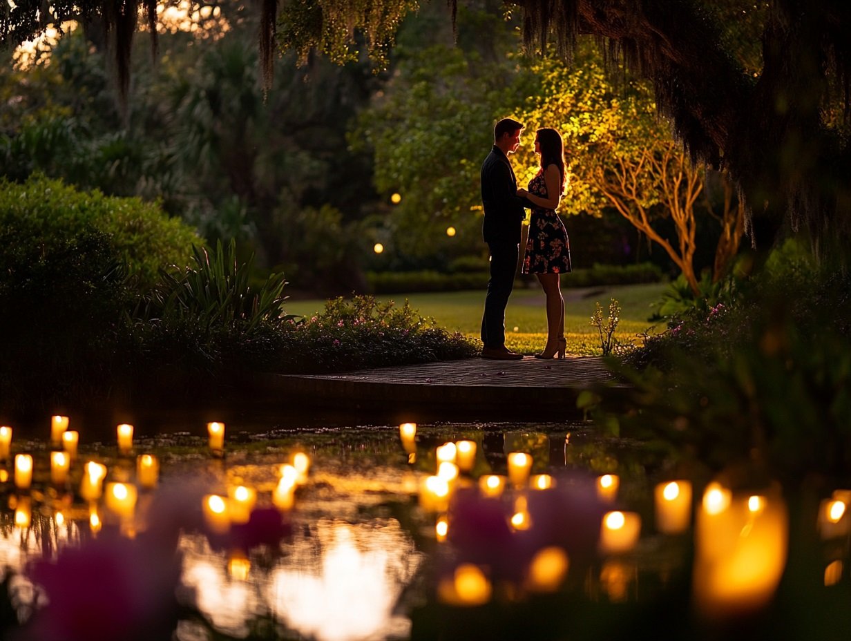Couple standing on a candlelit bridge over a pond at Brookgreen Gardens