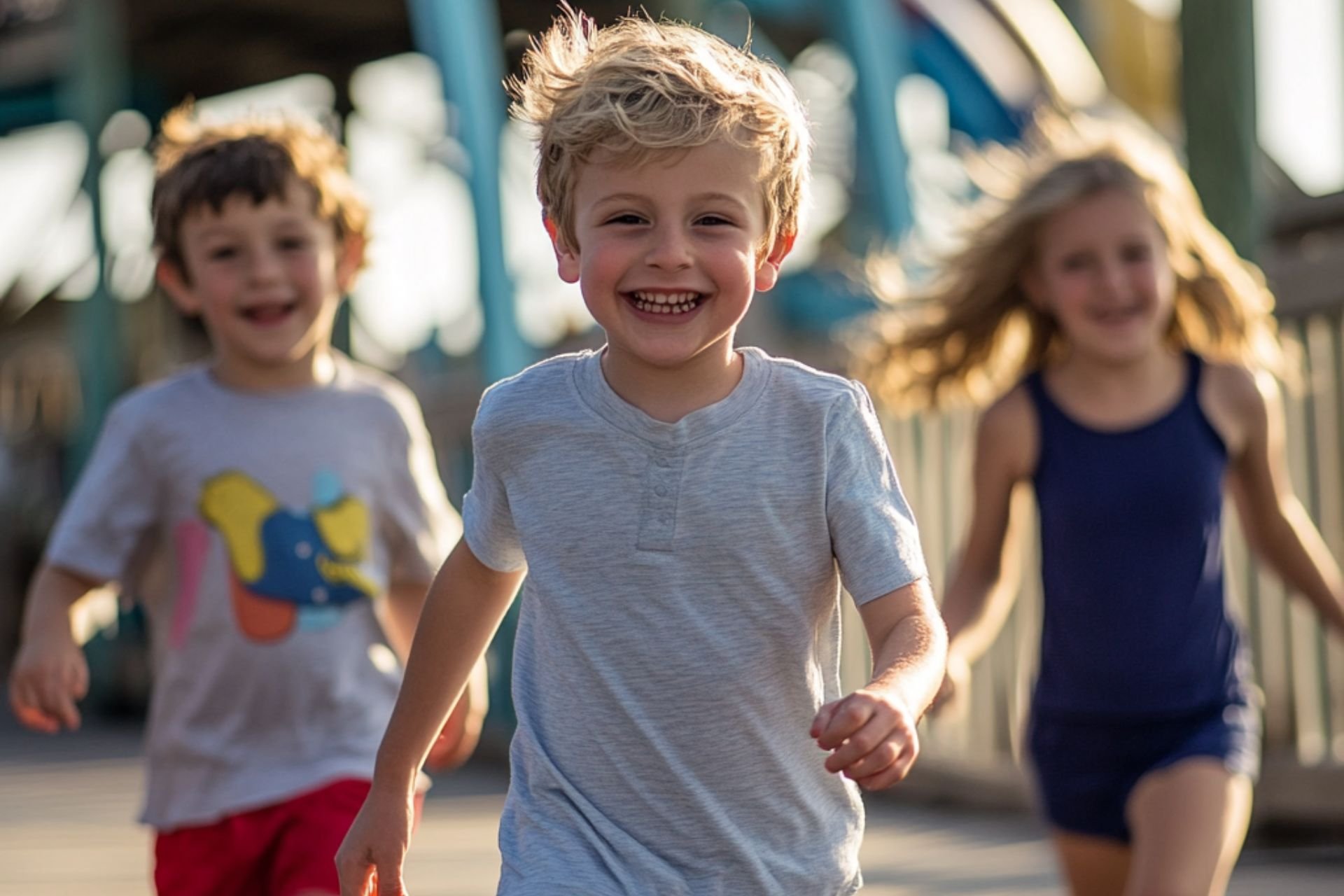 Children running and laughing at an amusement park