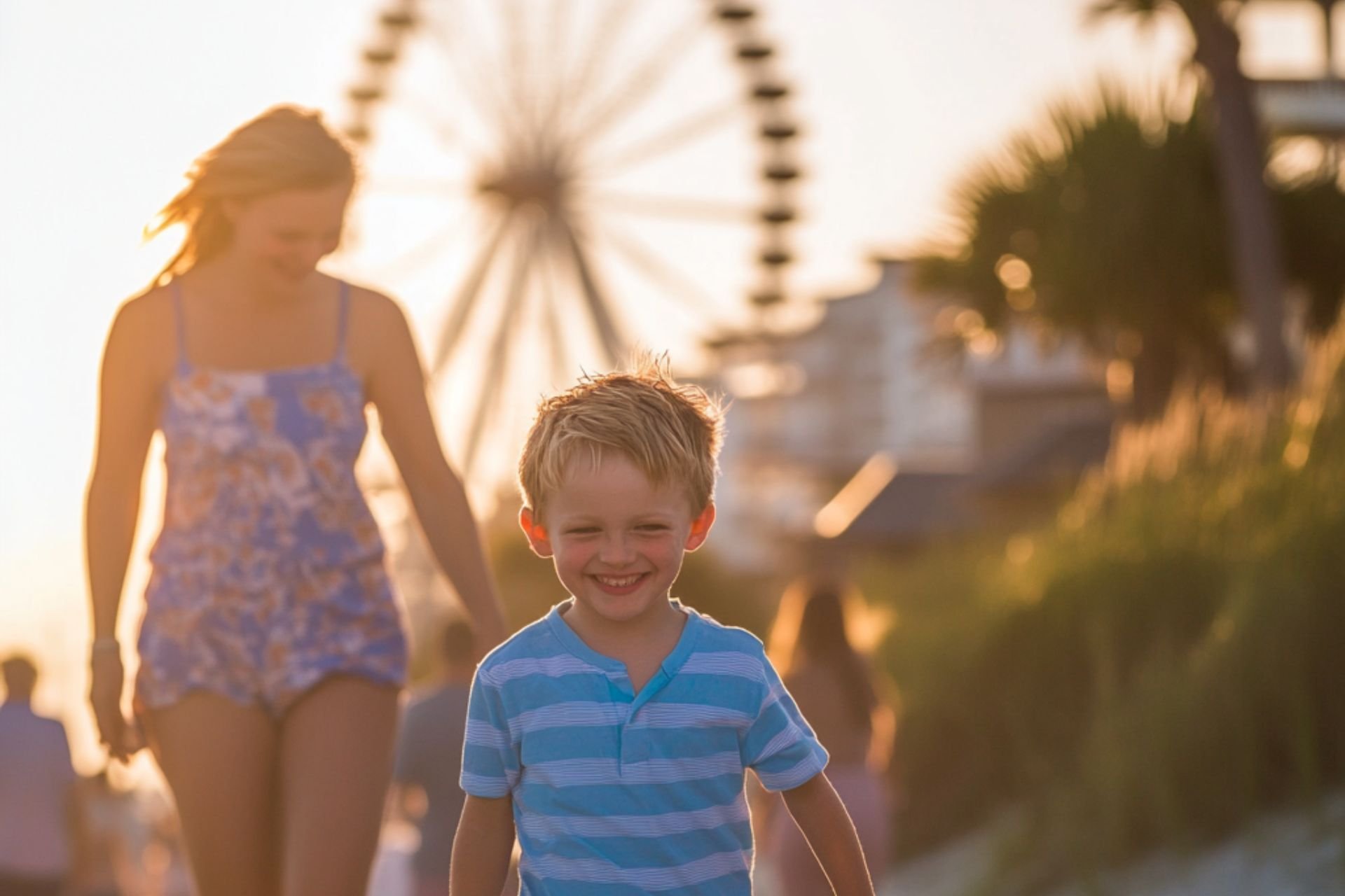 Kids walking the boardwalk with the SkyWheel at sunset