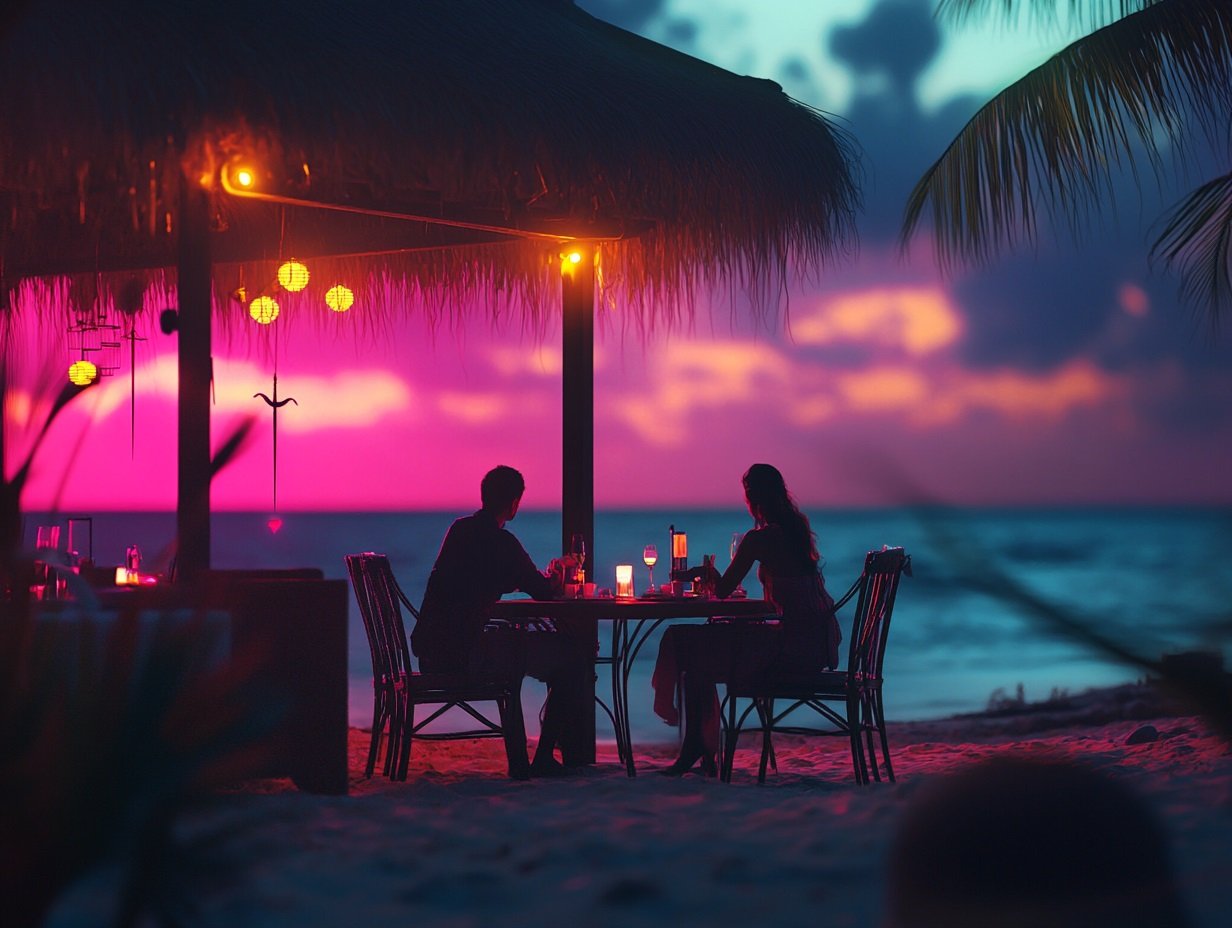 Couple dining under a thatched roof at the beach at sunset