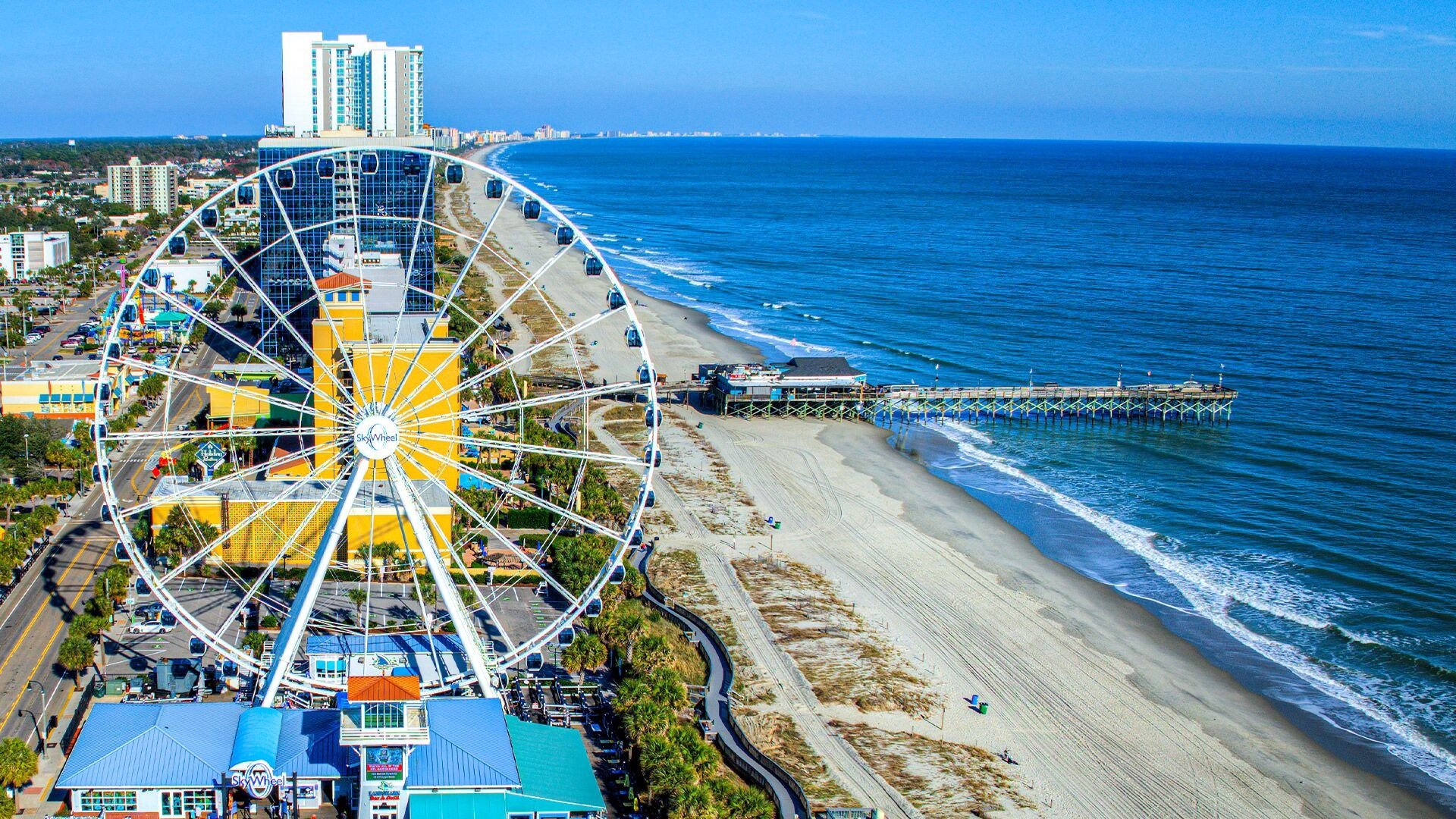 Aerial view of the Myrtle Beach SkyWheel and pier on a clear day