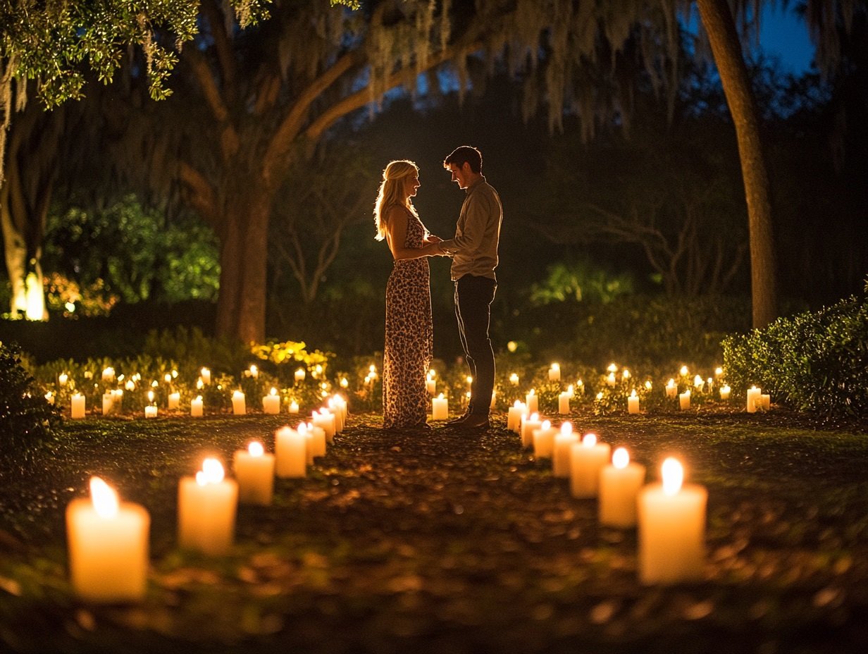 Couple standing among hundreds of candles in Brookgreen Gardens at night