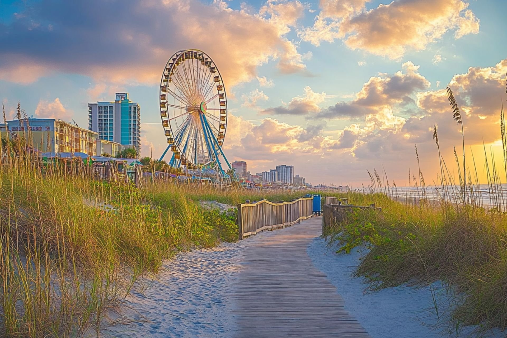 Boardwalk path through sea oats toward the SkyWheel at sunrise