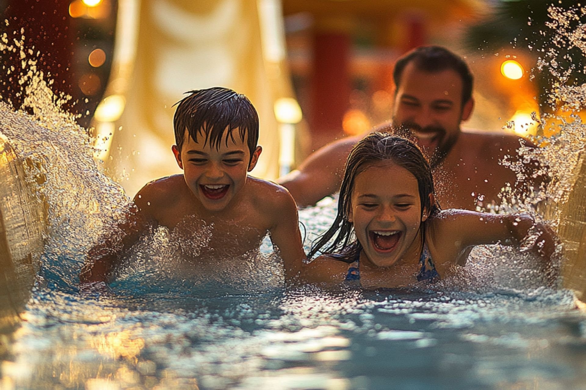 Kids splashing down a water park slide