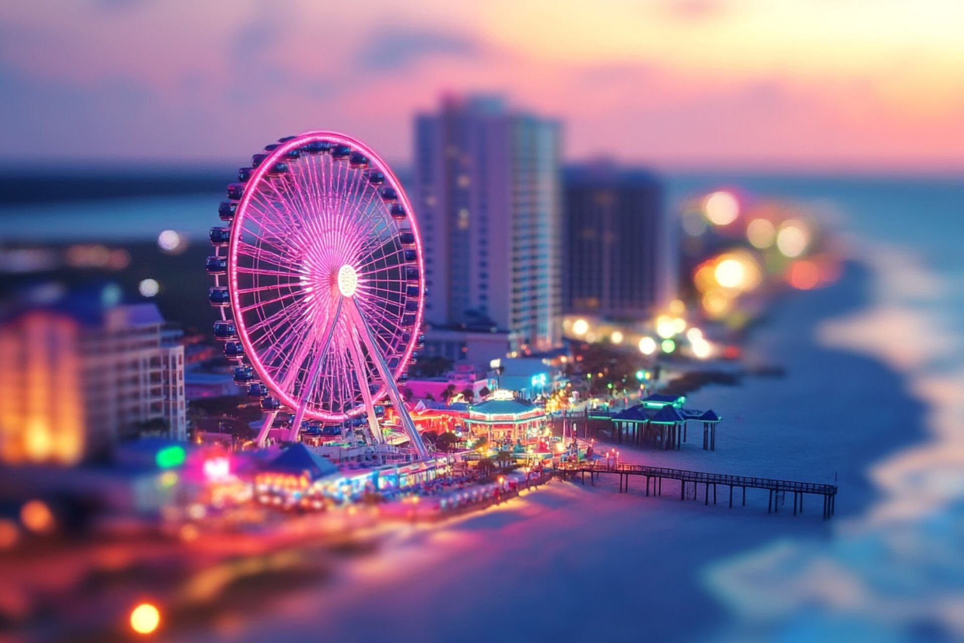 SkyWheel lit up pink at dusk over the Myrtle Beach boardwalk