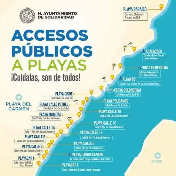 mapa de Playa del Carmen y playas públicas