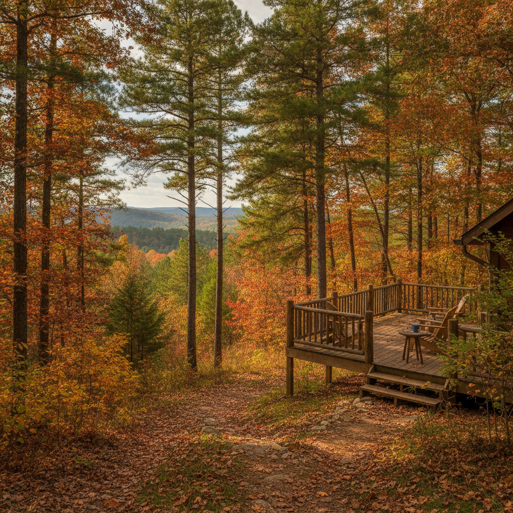 Pine woods around Broken Bow, Oklahoma in autumn with a cabin deck visible through the trees
