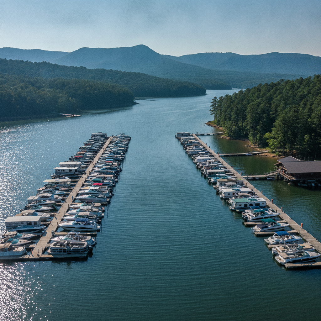 Boats at Beavers Bend Marina on Broken Bow Lake, Oklahoma, on a clear summer morning