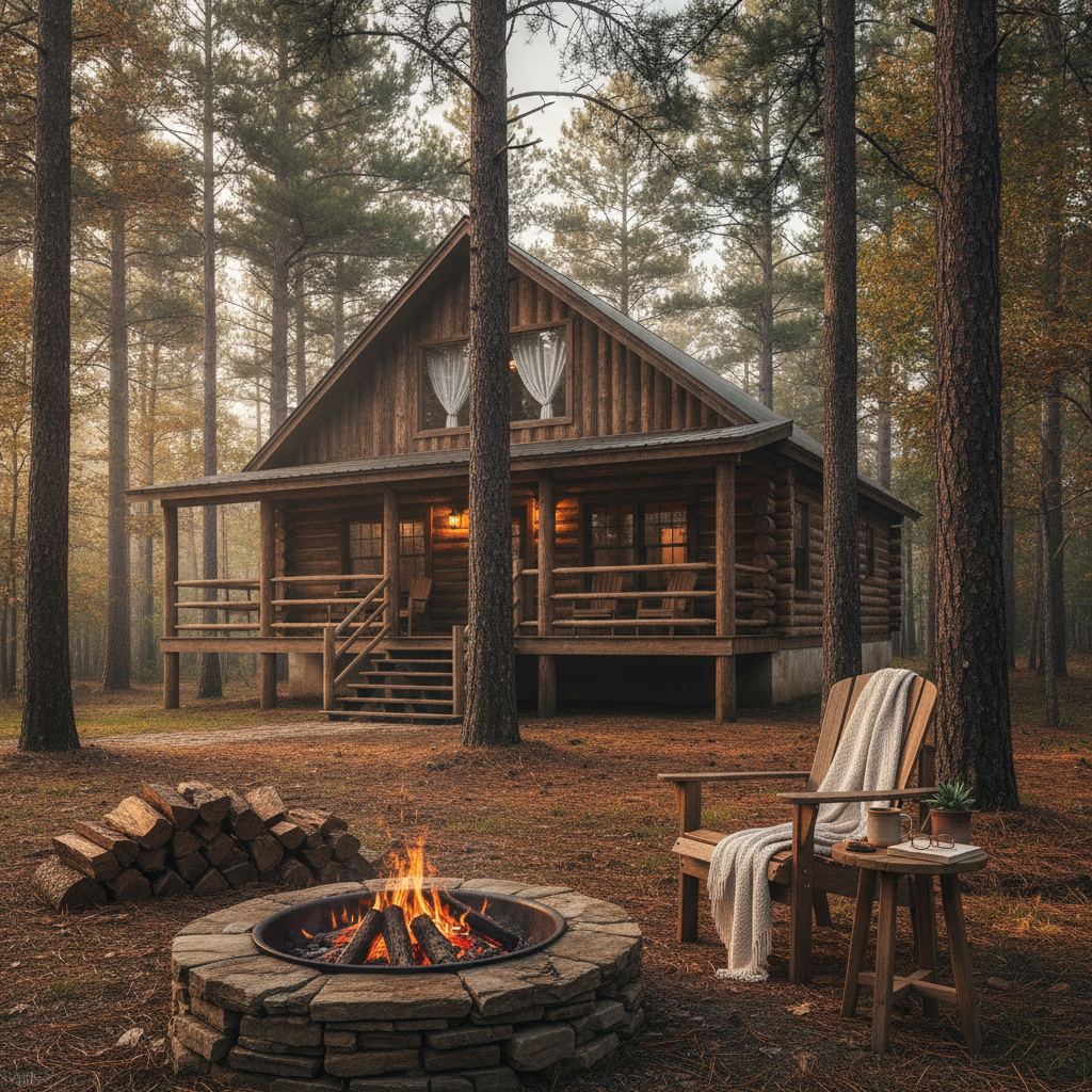 A two-bedroom wood cabin among tall pine trees near Hochatown, Oklahoma, with a covered deck and fire pit in the foreground