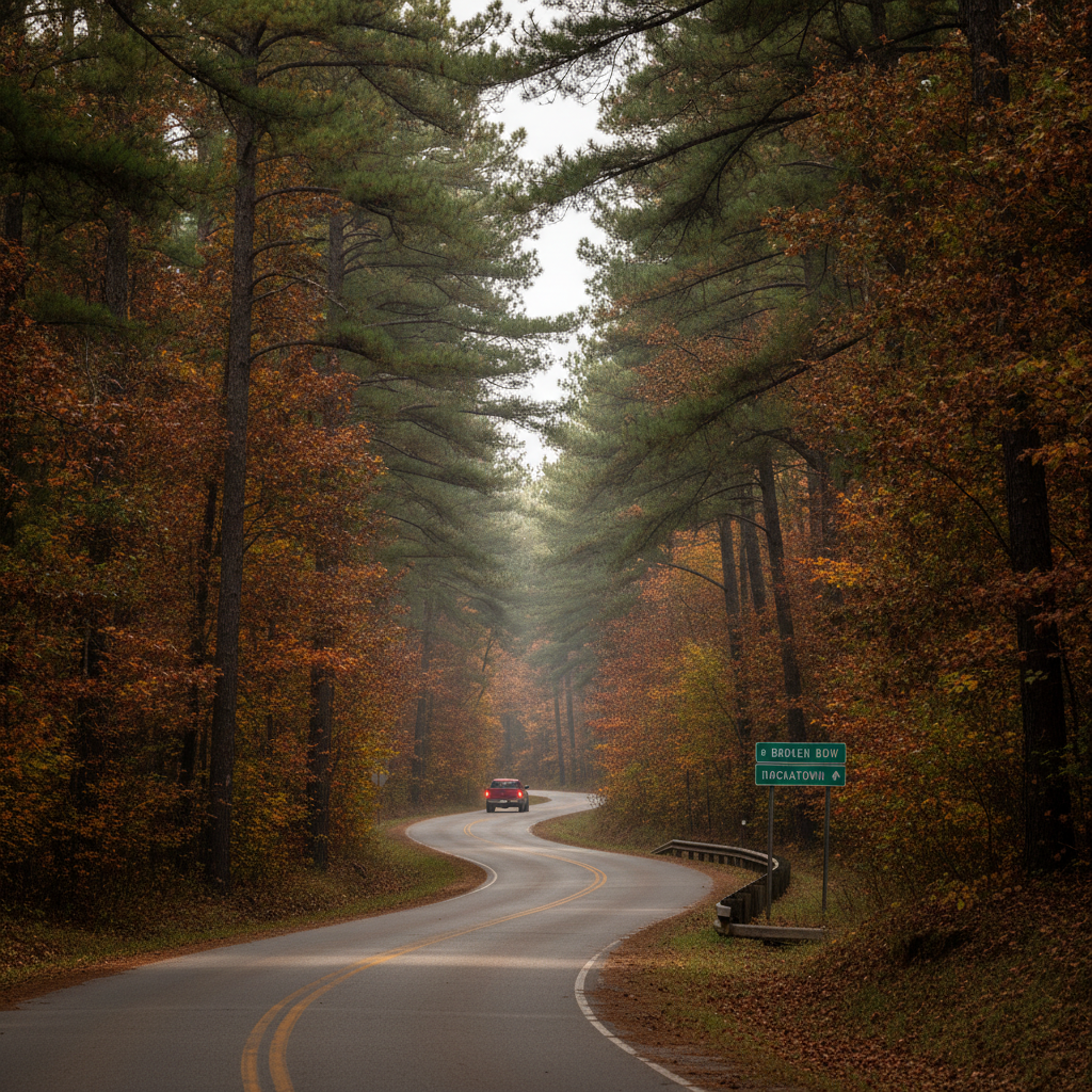 Pine woods along Highway 259 between Broken Bow and Hochatown, Oklahoma, in late autumn