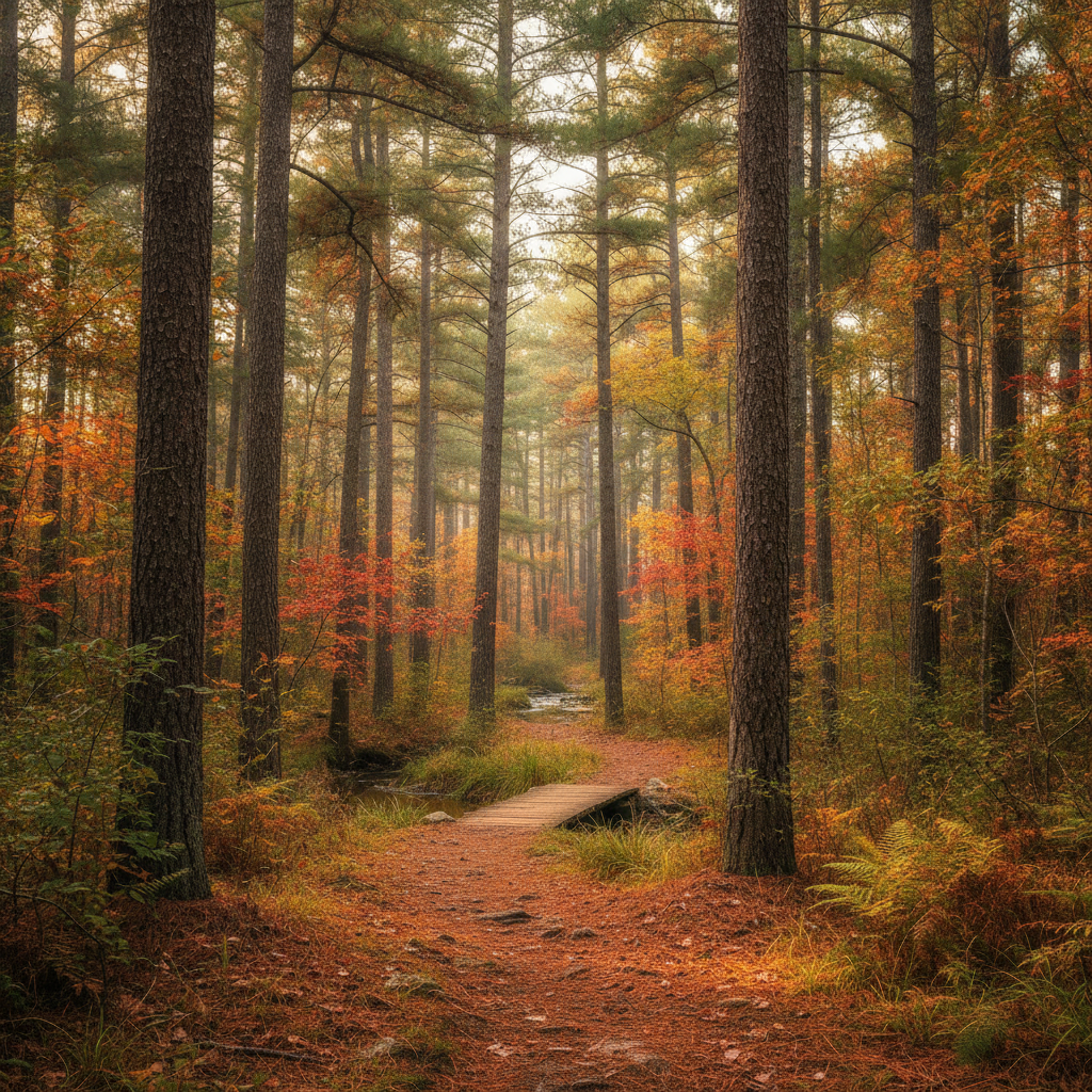 Pine forest trail in Beavers Bend State Park near Broken Bow, Oklahoma, in autumn
