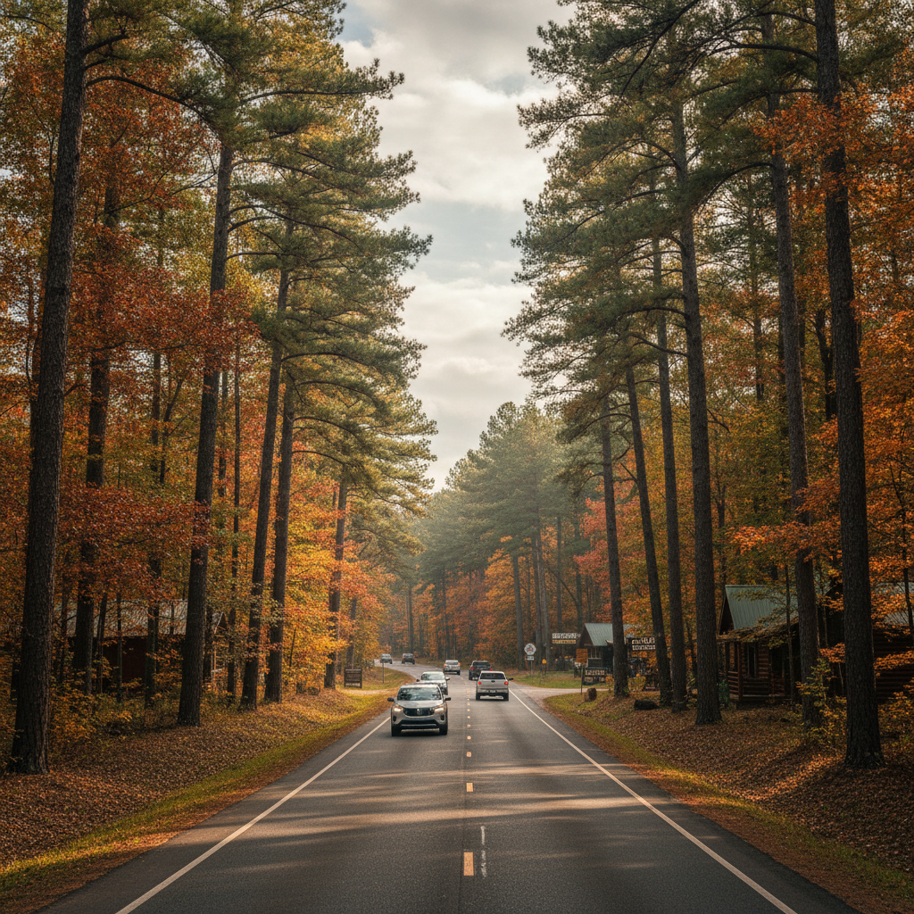 Pine woods along the Hochatown strip of US Highway 259 north of Broken Bow, Oklahoma, in autumn