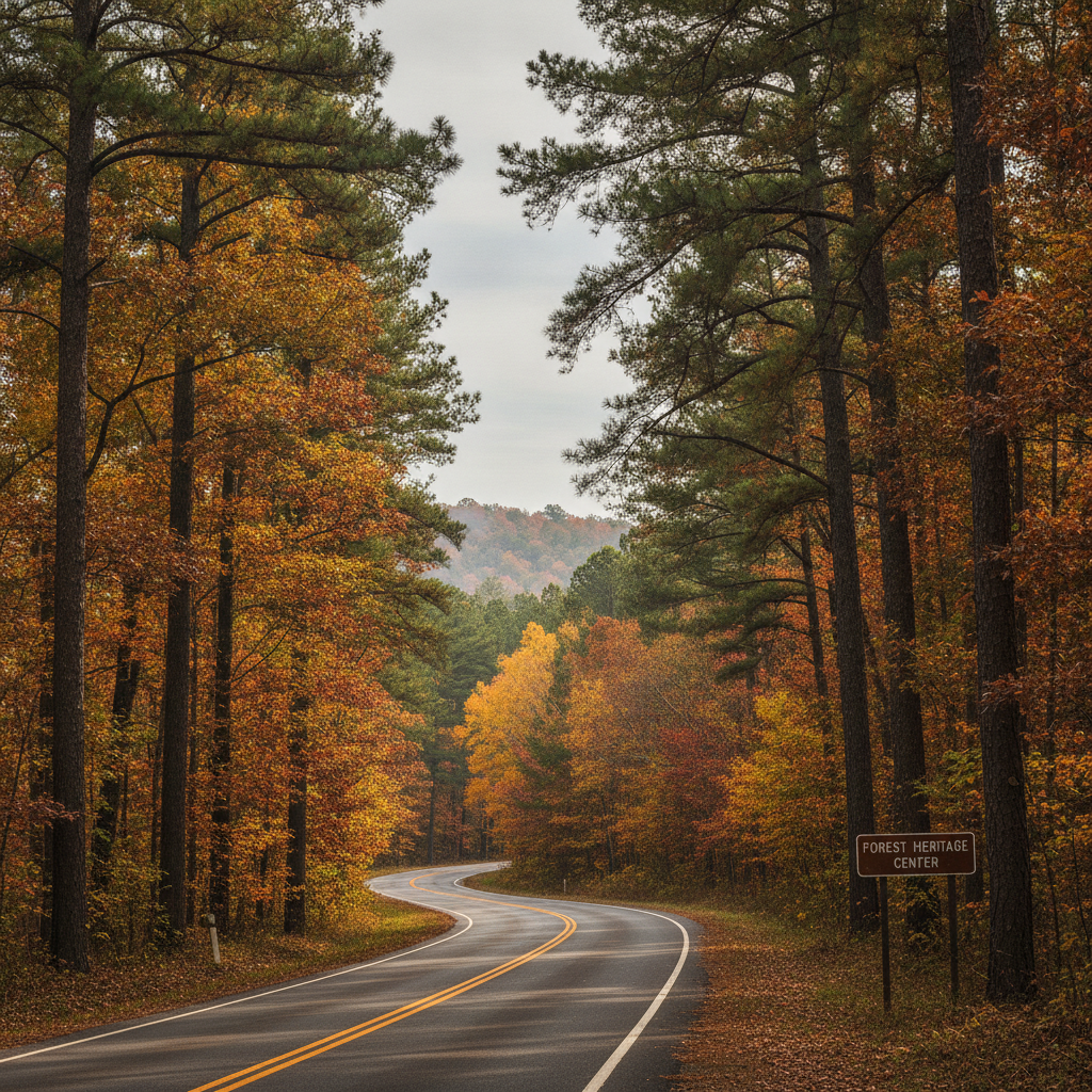 Pine forest and November foliage along Highway 259A near the Forest Heritage Center in Beavers Bend State Park, Oklahoma