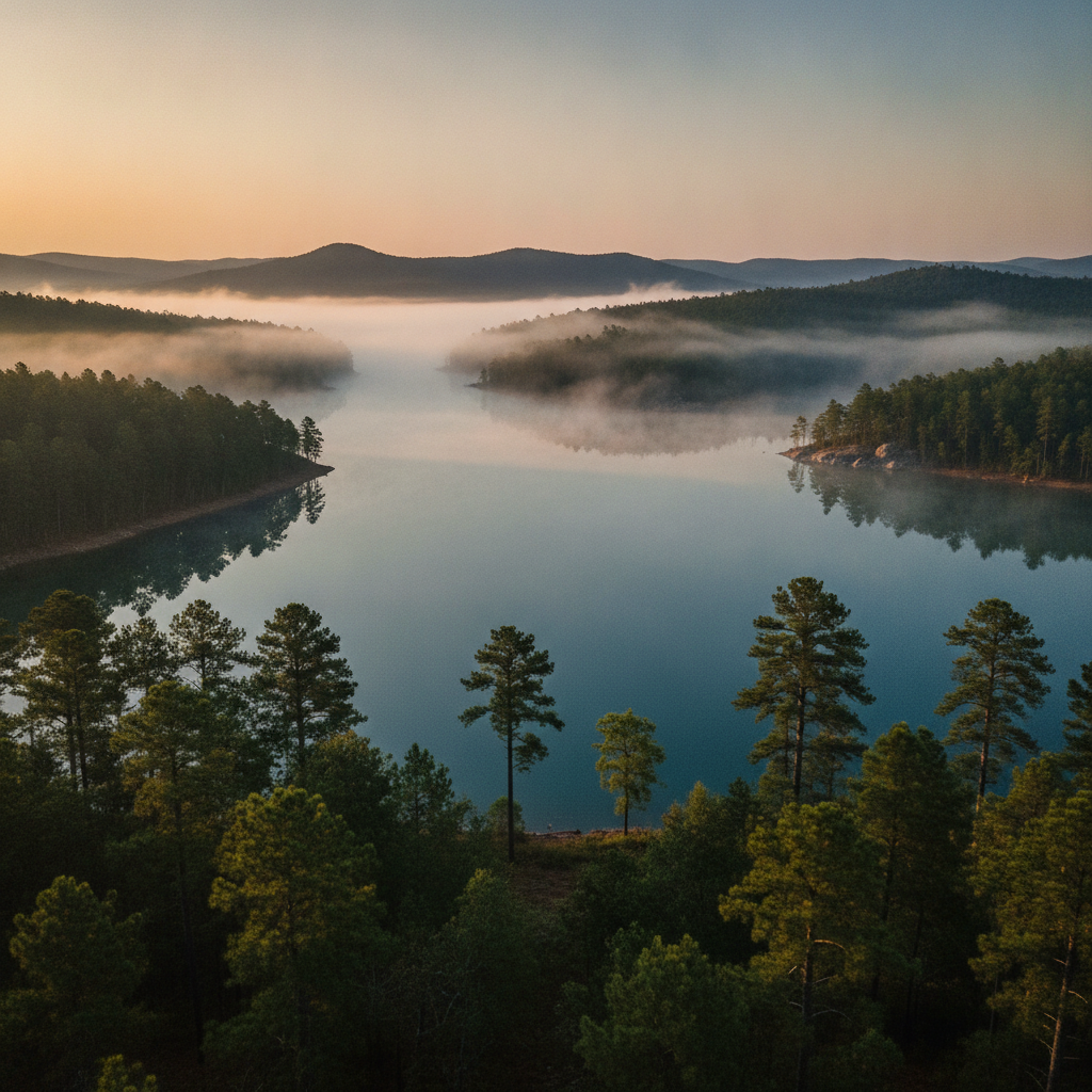 Morning mist over Broken Bow Lake in the Ouachita foothills with pine-covered shoreline