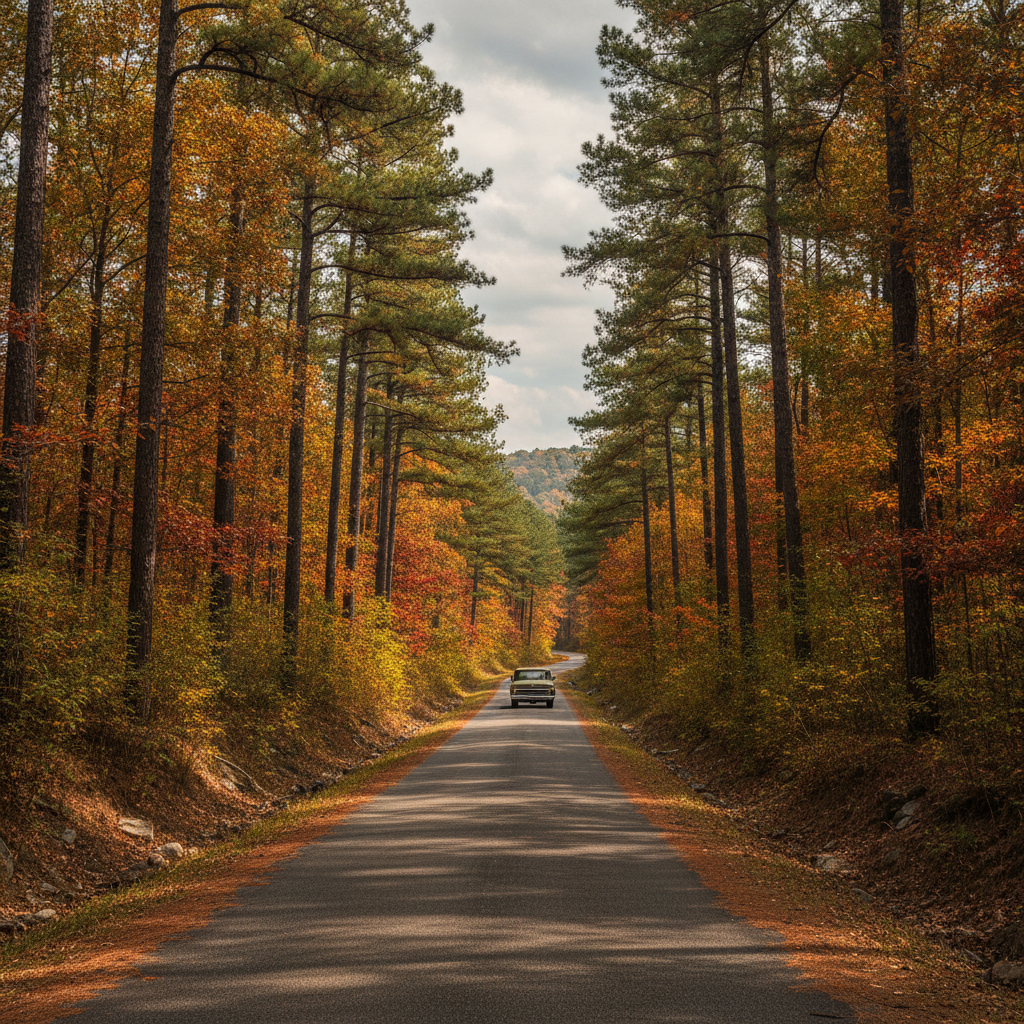 Pine woods along Highway 259 between Broken Bow and Hochatown, Oklahoma, in autumn