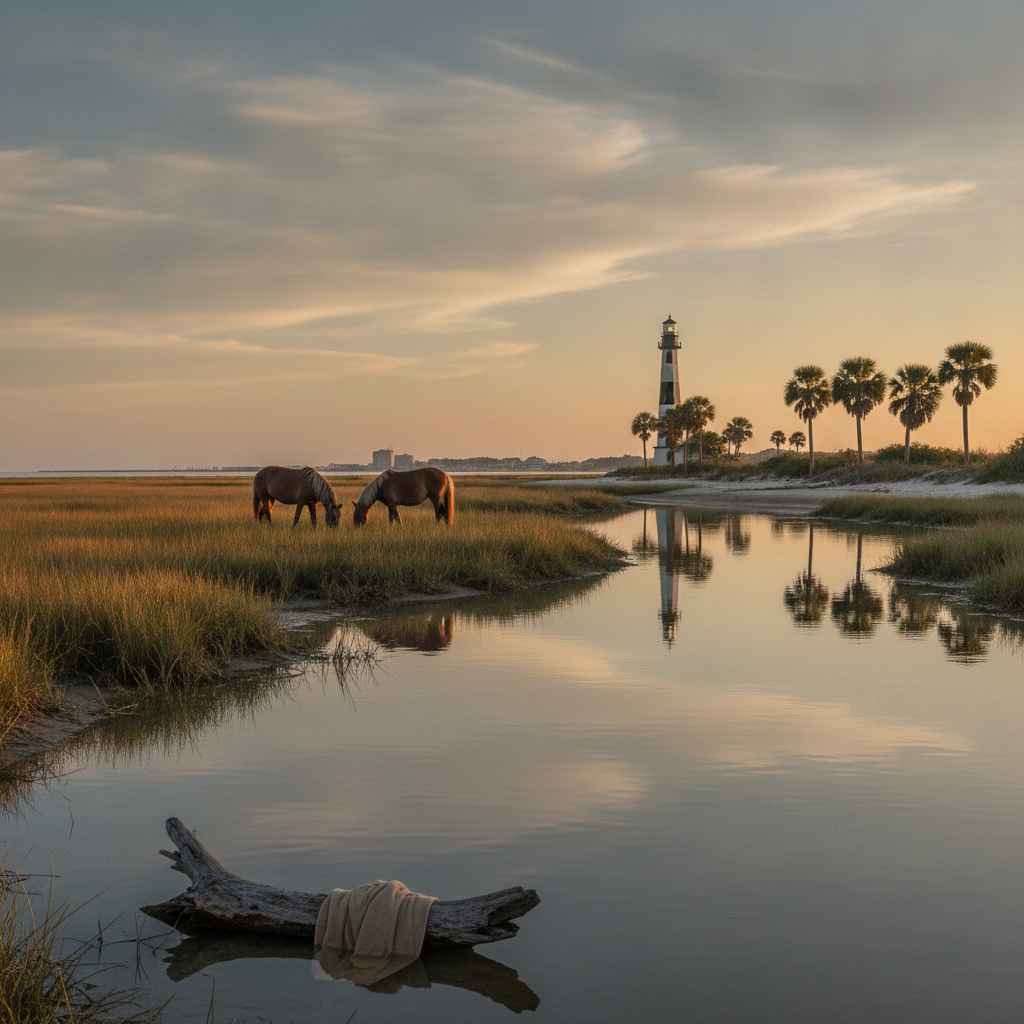 Wild horses grazing on the marsh grass of Shackleford Banks near Cape Lookout, reached by ferry from the Beaufort waterfront