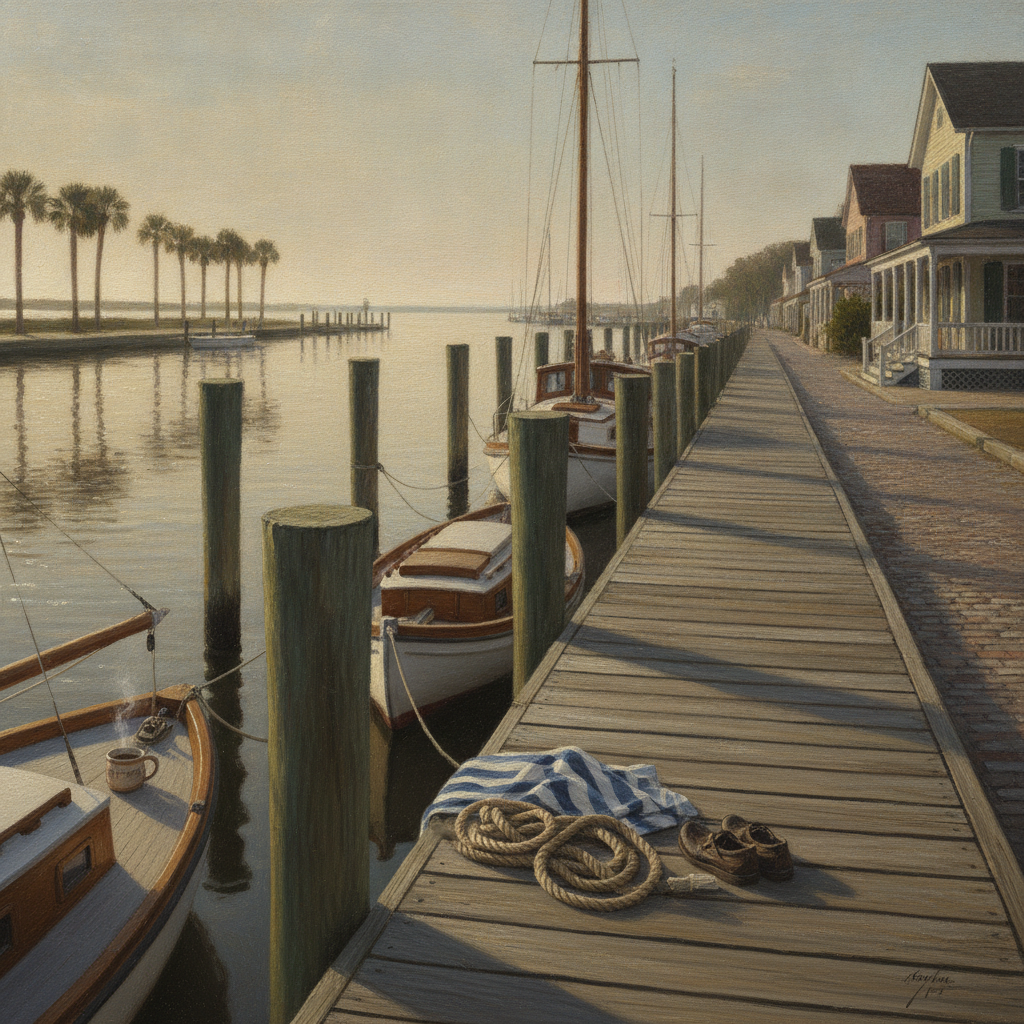 Boats tied along Front Street on the Beaufort, North Carolina waterfront with Taylor's Creek and the marsh islands of the Rachel Carson Reserve behind