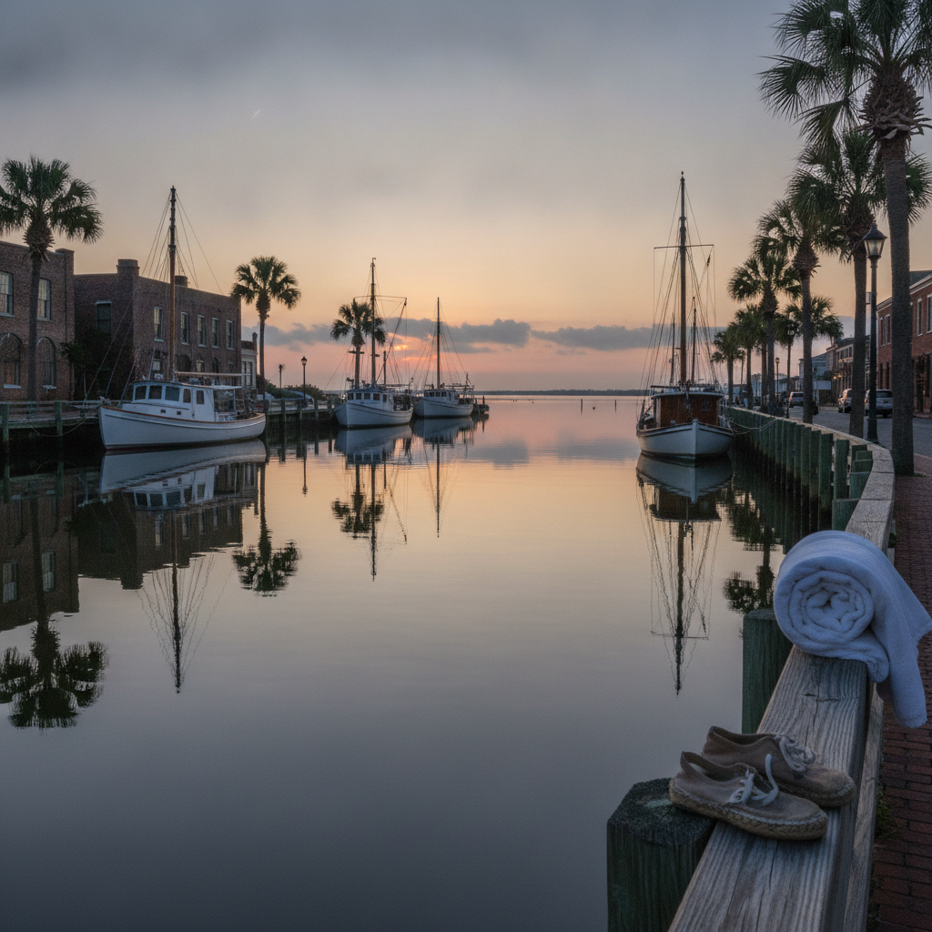 The Beaufort, North Carolina waterfront along Front Street in November, with boats on Taylor's Creek and bare trees along the boardwalk