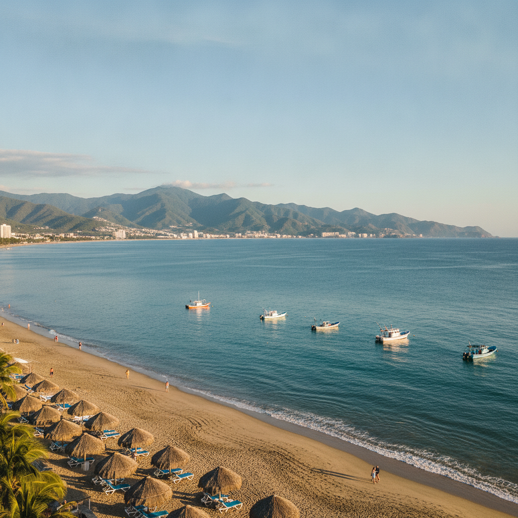 Beach at Bucerías, Nayarit, looking south across Banderas Bay toward the Sierra Madre on a clear morning