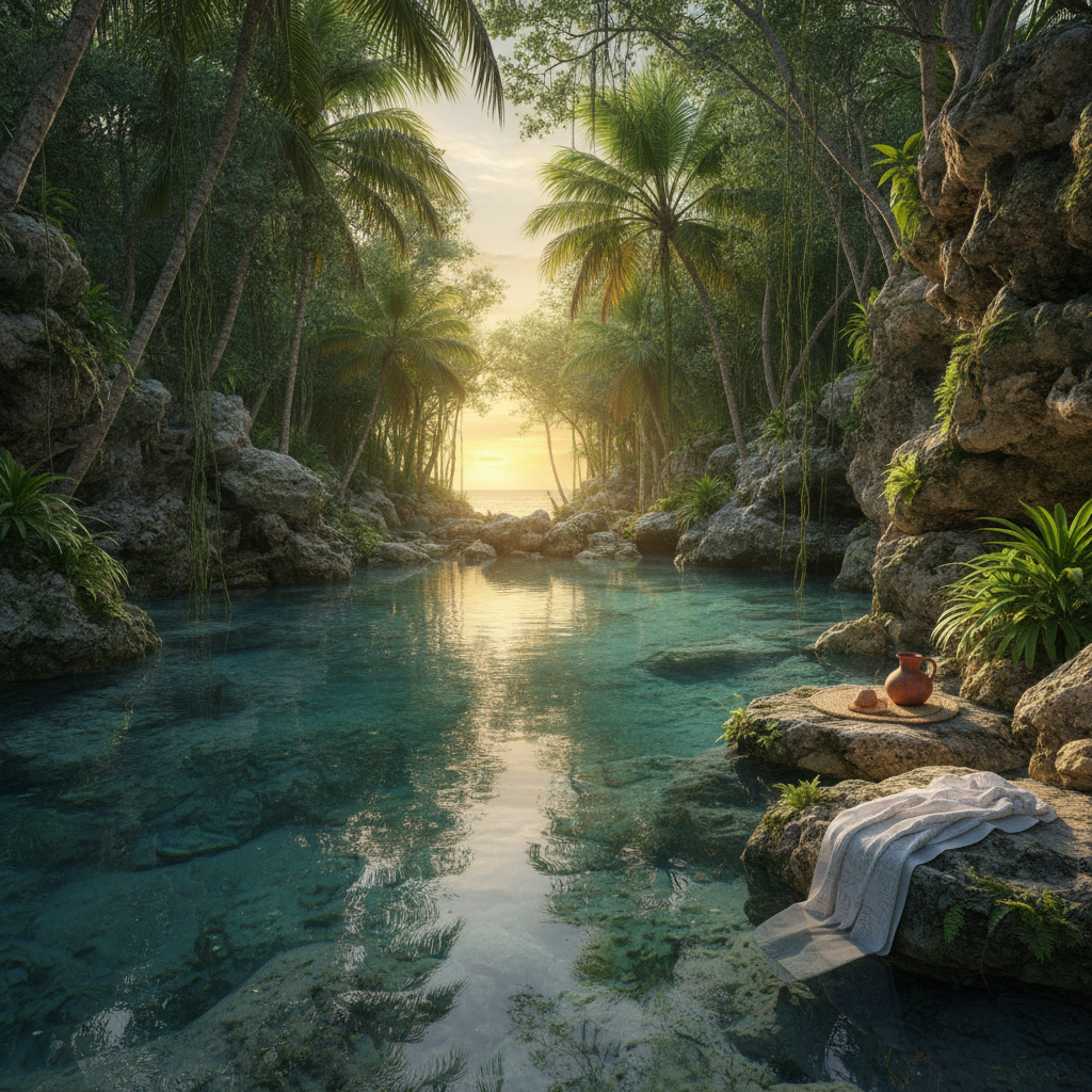 Limestone cenote pool surrounded by jungle in the cenote corridor south of Playa del Carmen, Quintana Roo
