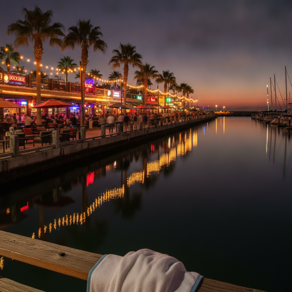 The marina boardwalk in Cabo San Lucas lit up at night in late December, bars and restaurants along the waterfront