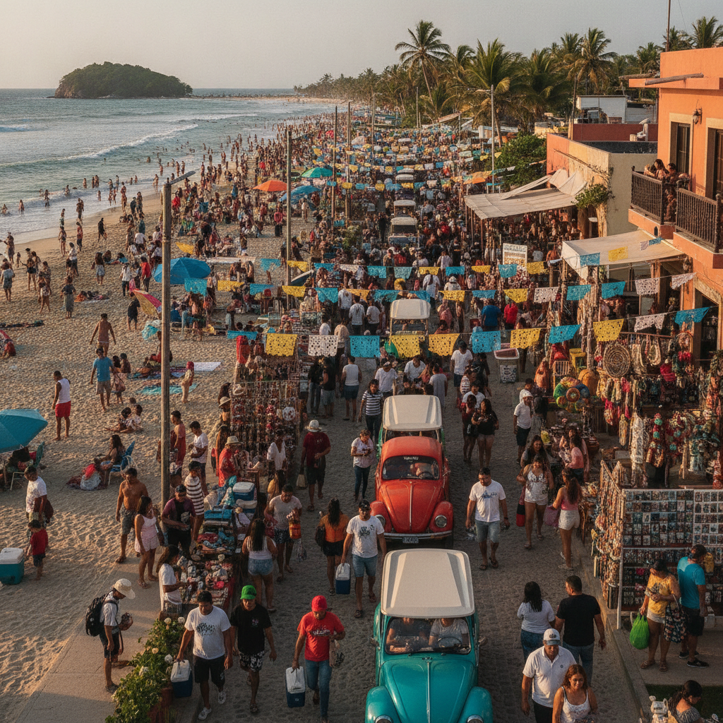 Crowded beach and main street in Sayulita, Nayarit during the Semana Santa holiday week in spring