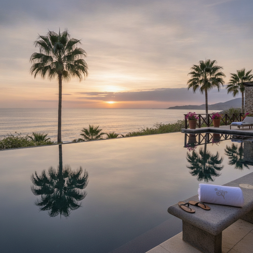 Private villa terrace with infinity pool overlooking the Pacific Ocean at Quivira, Cabo San Lucas