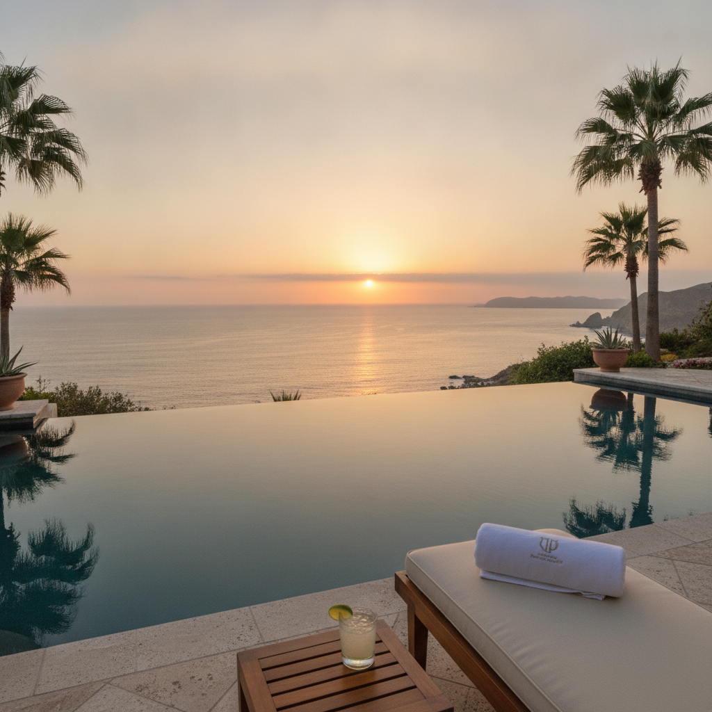 Infinity pool terrace at a Montecristo Estates villa in Quivira, Cabo San Lucas, looking west over the Pacific at sunset