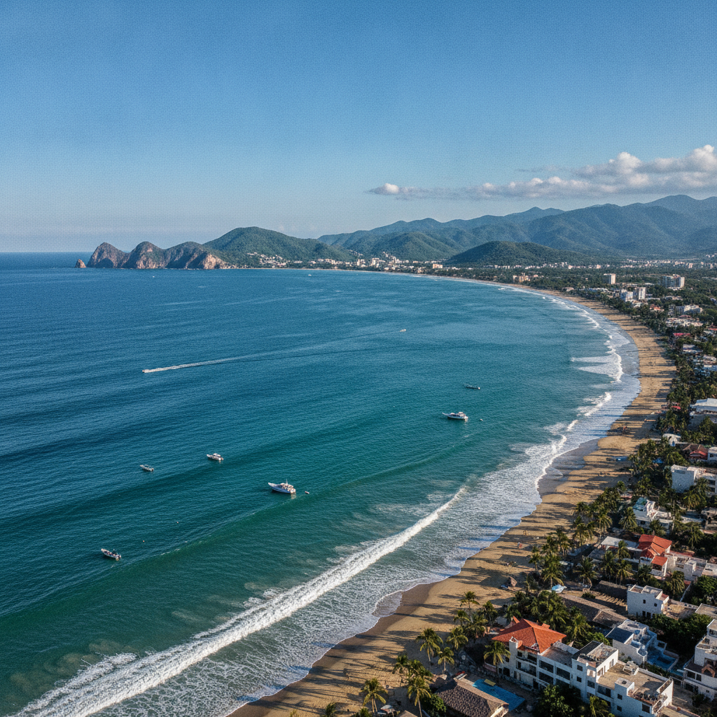 Costa de Banderas Bay mirando hacia el norte desde Bucerías hacia la península de Punta Mita en una tarde despejada