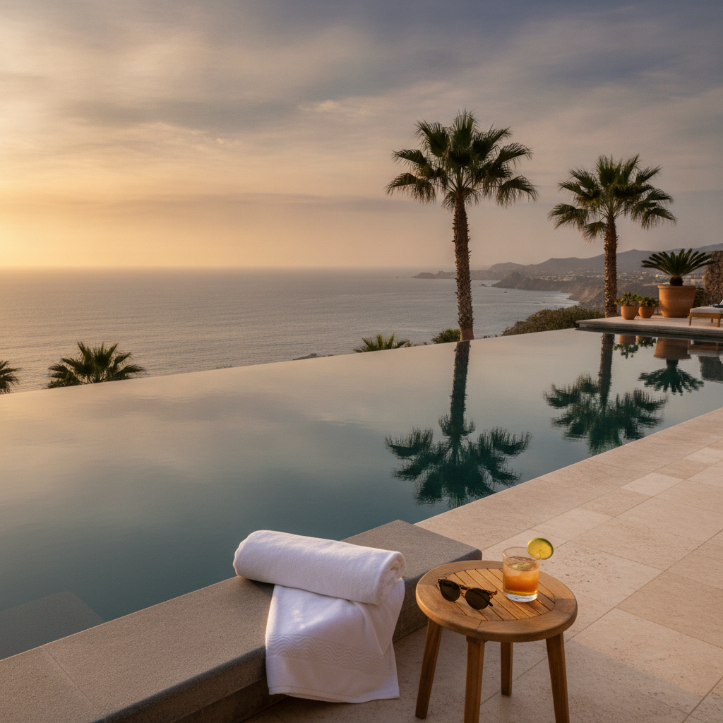 Piscina infinita privada en la terraza de una villa sobre el océano Pacífico en Quivira, Los Cabos, a última hora de la tarde