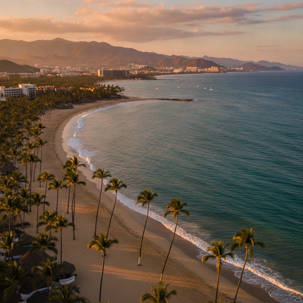 The Bahía de Banderas coastline at Nuevo Vallarta, Nayarit, with palms and the Pacific in late afternoon light