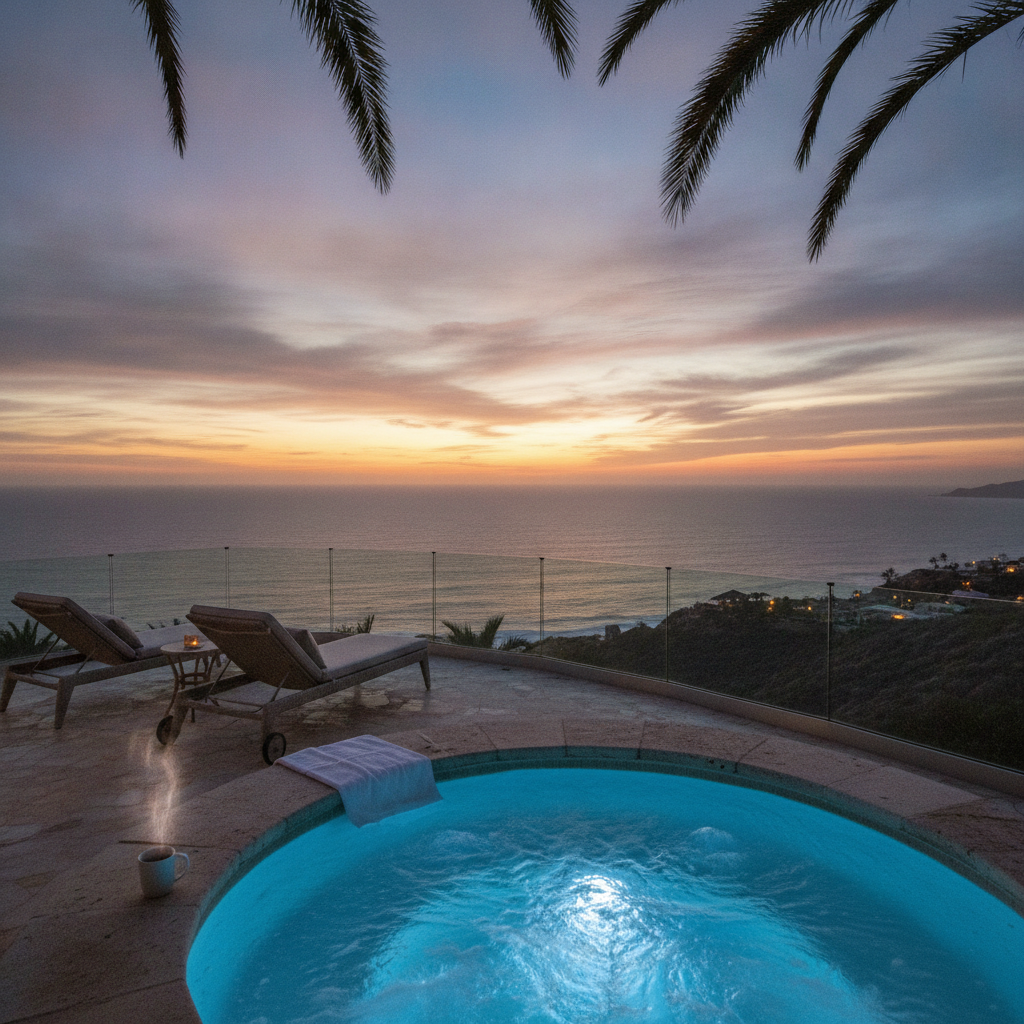 Vista al atardecer del océano Pacífico desde la terraza de una villa en Quivira, Cabo San Lucas, con un jacuzzi iluminado en primer plano