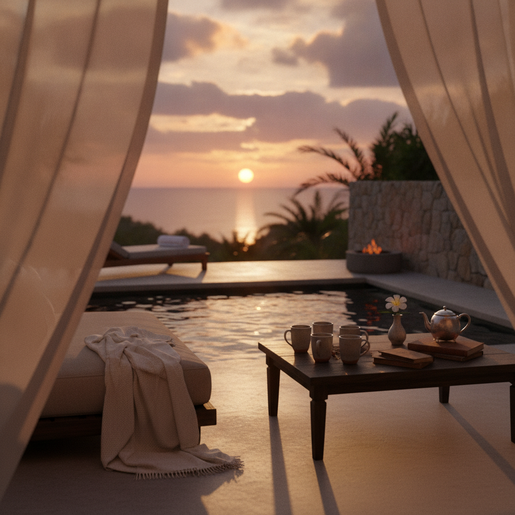 Terrace of a two-bedroom villa at Vidanta Nuevo Vallarta in Bahía de Banderas, Nayarit, with a plunge pool and loungers in March afternoon light