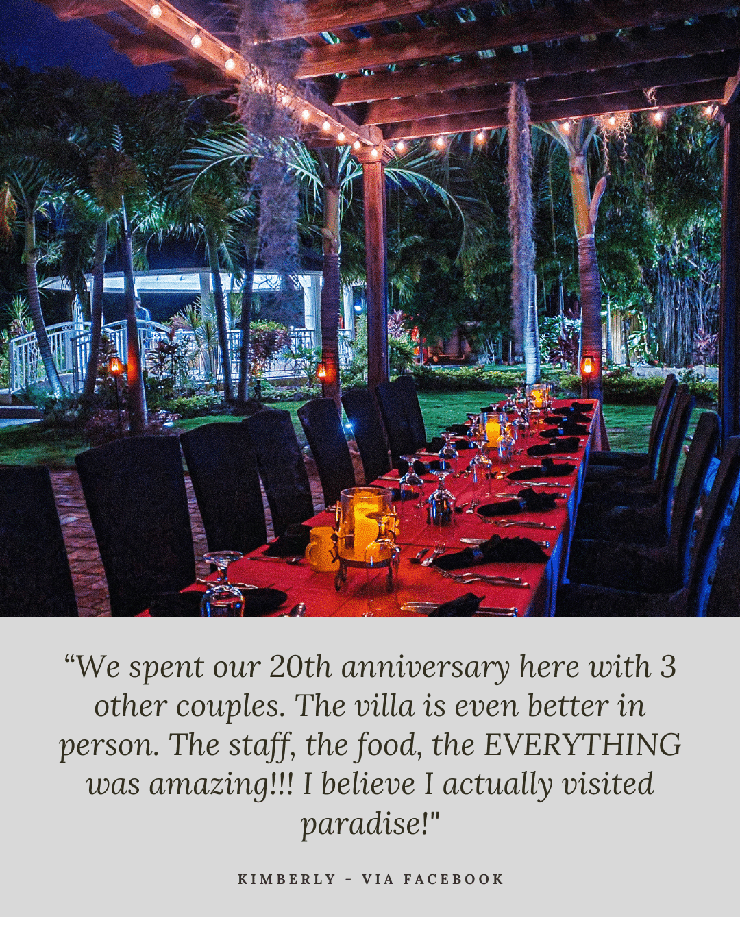 dinner in the gardens at Mais Oui Villa in Discovery Bay