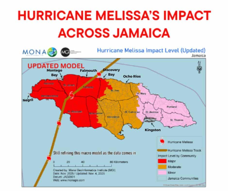 Map showing how Hurricane Melissa hit Jamaica