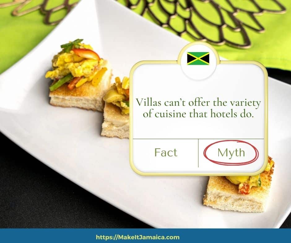 white place with appetizers at Mais Oui Villa in Discovery Bay Jamaica with text overlay of Jamaica villa vacation myths