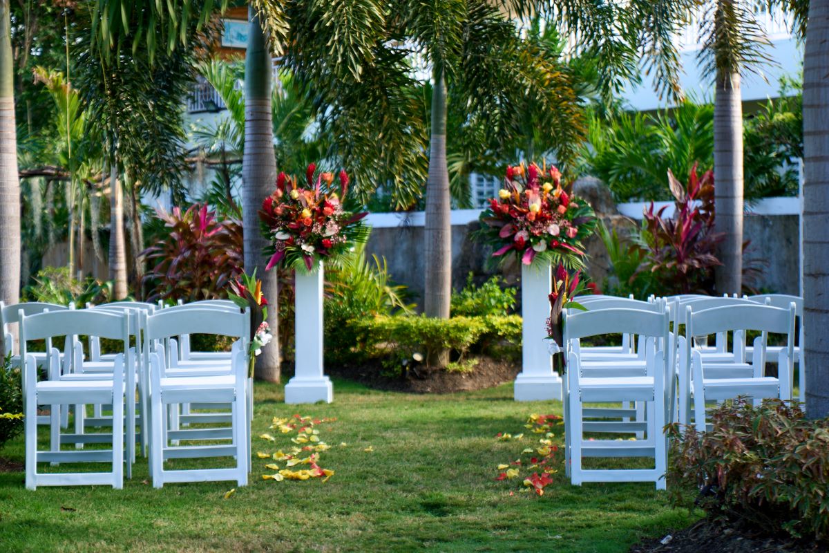 Ceremony set up in the waterfall garden at Mais Oui Villa in Discovery Bay Jamaica