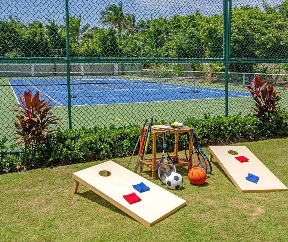 Multipurpose court for tennis, basketball and pickleball at a pickleball Airbnb in Jamaica for multigenerational family vacation