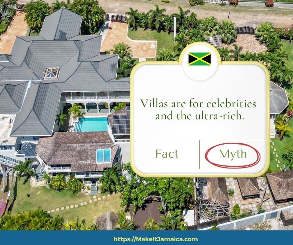 Drone view of Mais Oui Villa in Jamaica perfect for family vacations in Jamaica - with overlay of Jamaica villa vacation myth