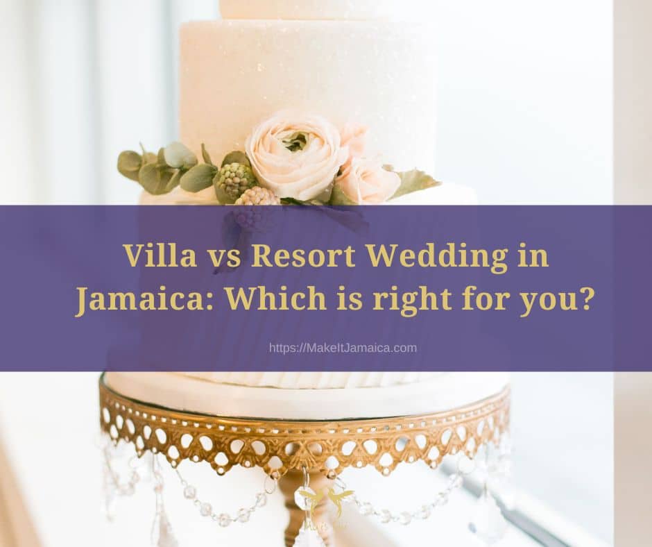 two tiered wedding cake on gold cake stand like at a Jamaica villa wedding - custom cake at a villa vs resort wedding