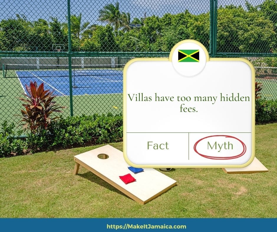 multipurpose court at Mais Oui Villa in discovery Bay Jamaica with text overlay of Jamaica villa vacation myth