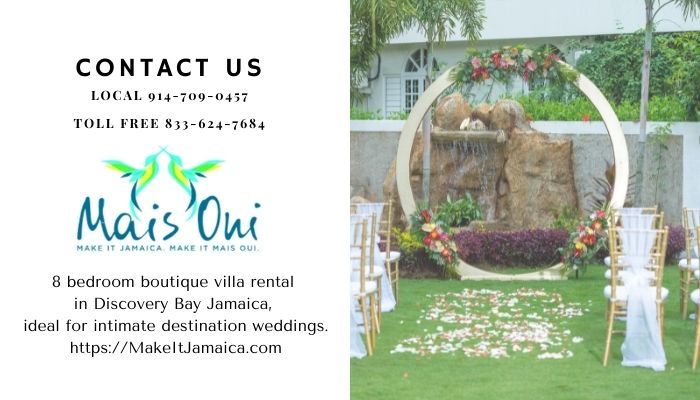 destination wedding ceremony set up with circular arch at Mais Oui Villa in Discovery Bay Jamaica