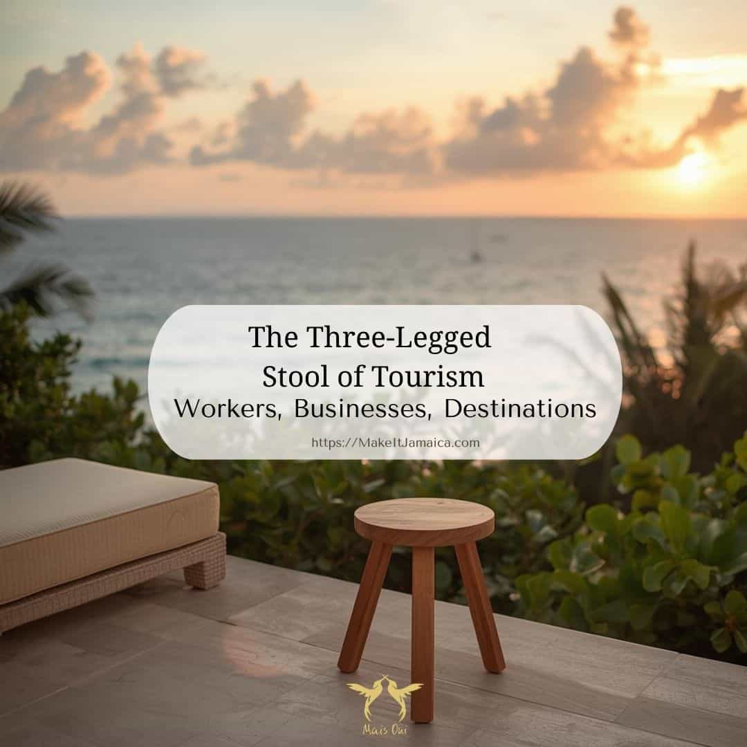 stool on a balcony overlooking the sea to represent the 3 legged stool of tourism and why cheap travel is not sustainable