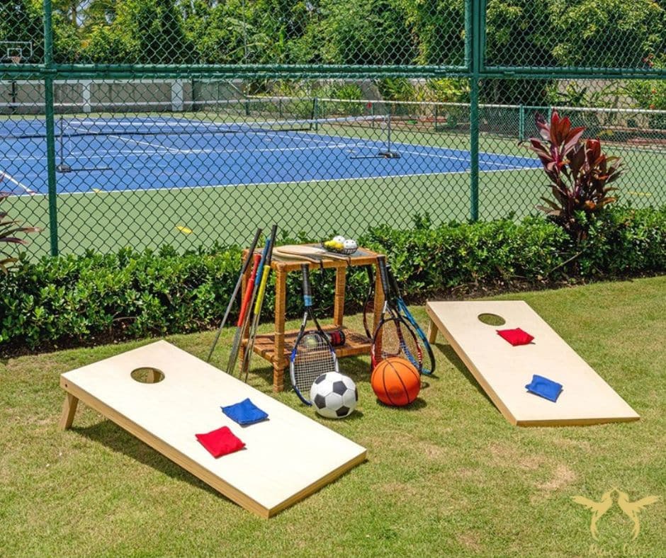 Multi-purpose court with tennis, pickleball, and basketball at Mais Oui Villa in Discovery Bay Jamaica rented to families and small groups
