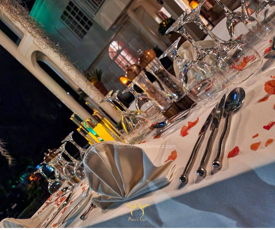 Set up for an outdoor wedding in Jamaica on the roof top terrace at Mais Oui Villa in Discovery Bay